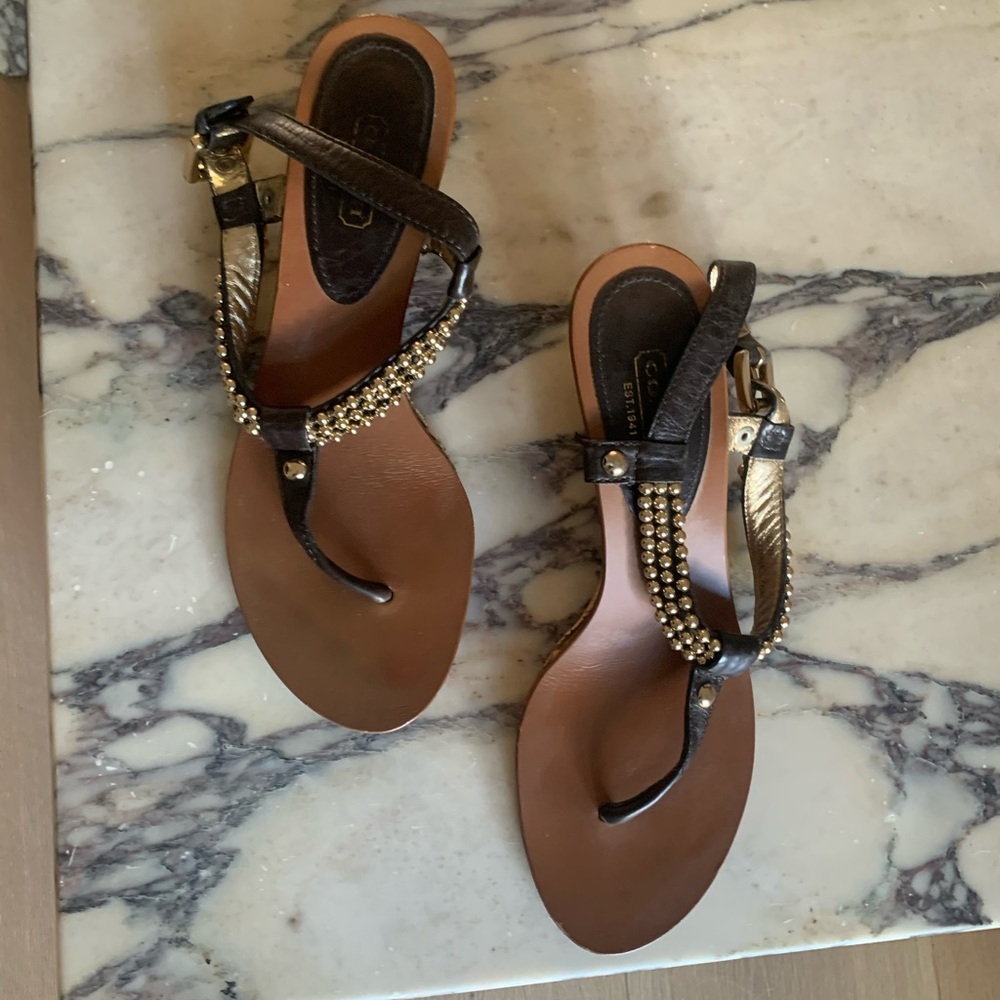 Coach Leather Sandals with Cork Heel & Gold Accents